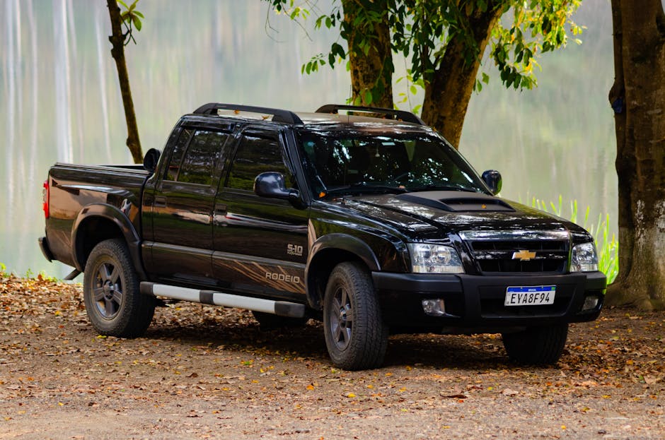A black pickup truck parked amidst lush greenery in Porto Feliz, Brazil. Perfect for outdoor adventure.