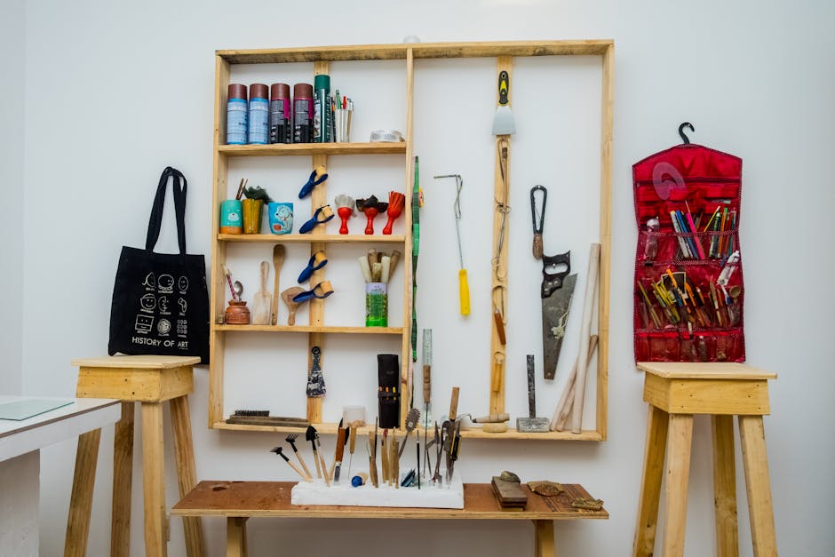 A neatly organized workshop with tools, craft supplies, and creative essentials on display.